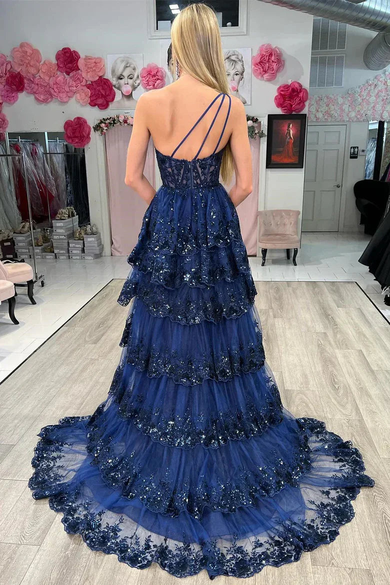 Navy Blue Sequin One-Shoulder Tiered Ruffle Prom Dress with High Slit