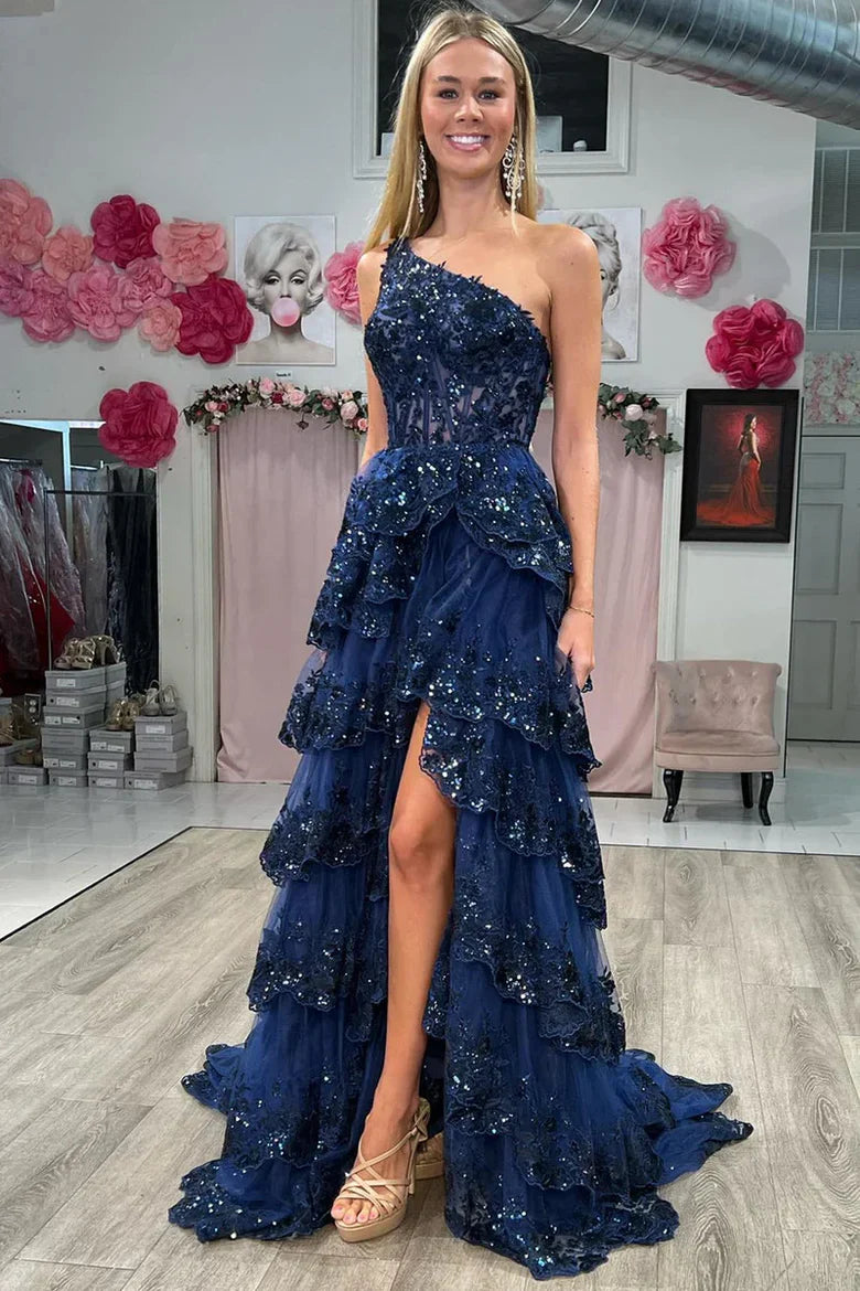 Navy Blue Sequin One-Shoulder Tiered Ruffle Prom Dress with High Slit