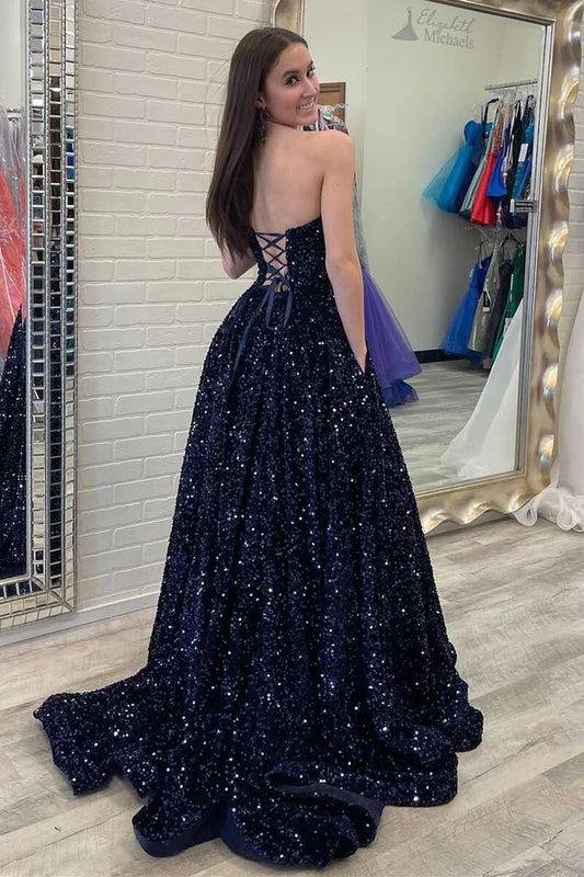 Navy Blue Sequin Strapless A-Line Long Prom Gown