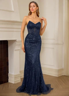Navy Blue Sequin Strapless Sweetheart Mermaid Evening Dresses