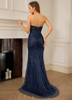 Navy Blue Sequin Strapless Sweetheart Mermaid Evening Dresses