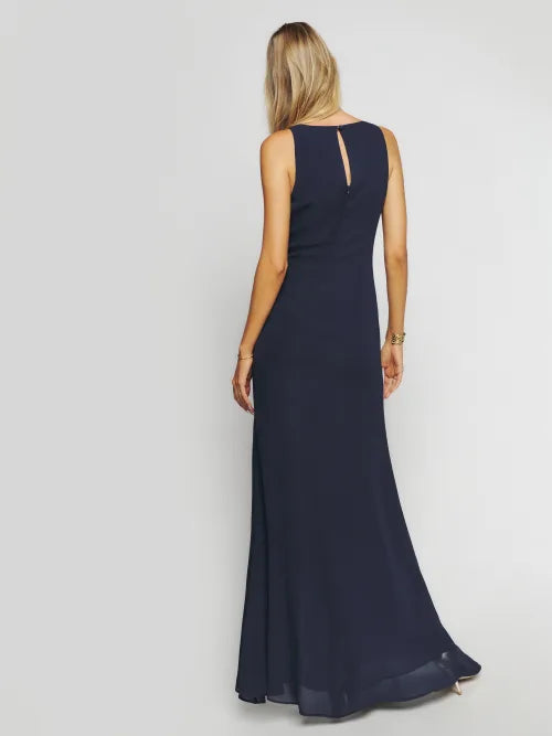 Navy Blue Sleeveless High Neck Ruched Side Slit Maxi Prom Dress