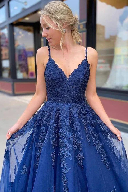 Navy Blue Spaghetti Strap Ball Gown Prom Dress with Lace AppliquÃ© and Lace-Up Back