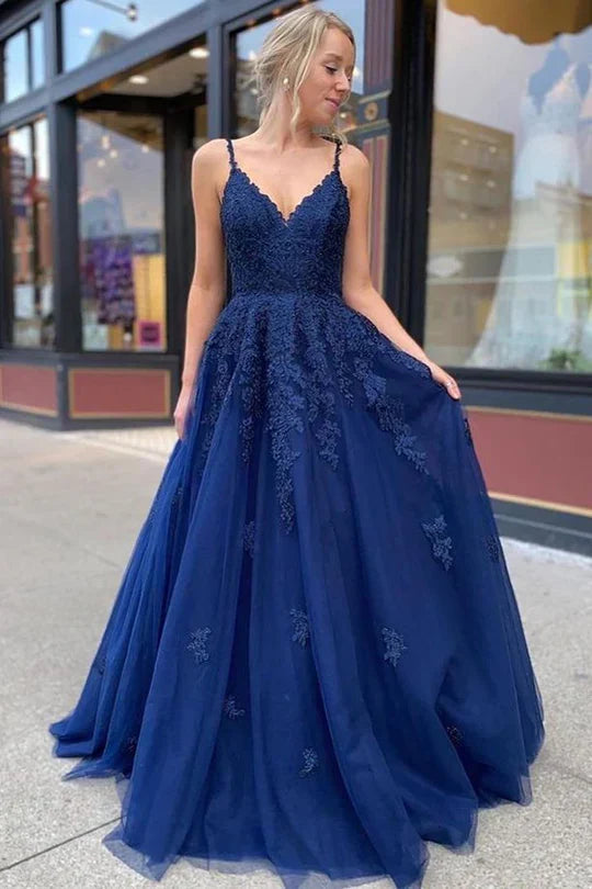 Navy Blue Spaghetti Strap Ball Gown Prom Dress with Lace AppliquÃ© and Lace-Up Back