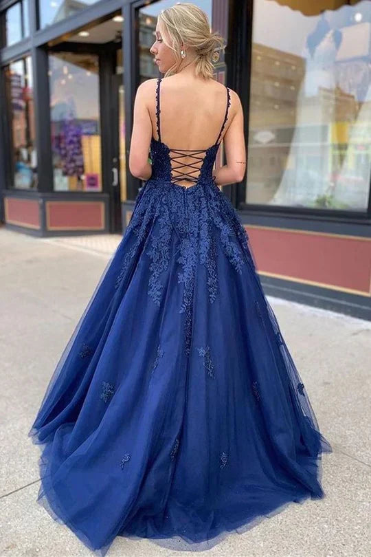 Navy Blue Spaghetti Strap Ball Gown Prom Dress with Lace AppliquÃ© and Lace-Up Back
