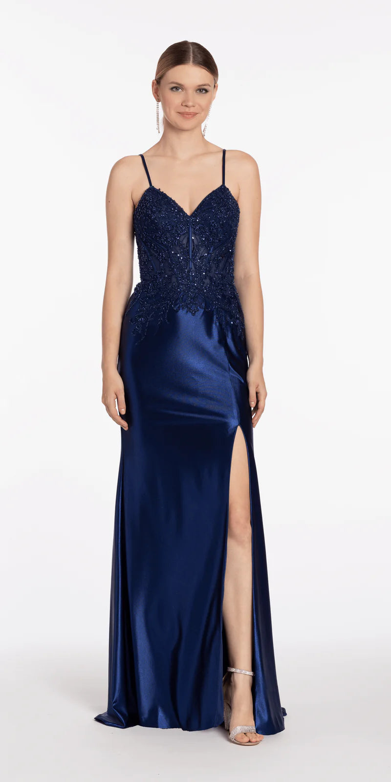 Navy Blue Spaghetti Strap Lace Corset Satin Mermaid Evening Dresses