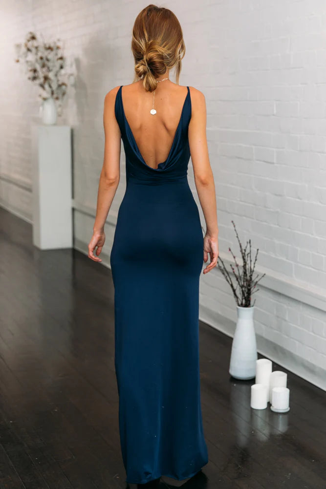 Navy Blue Spaghetti Strap Ruched Slit Backless Evening Dresses