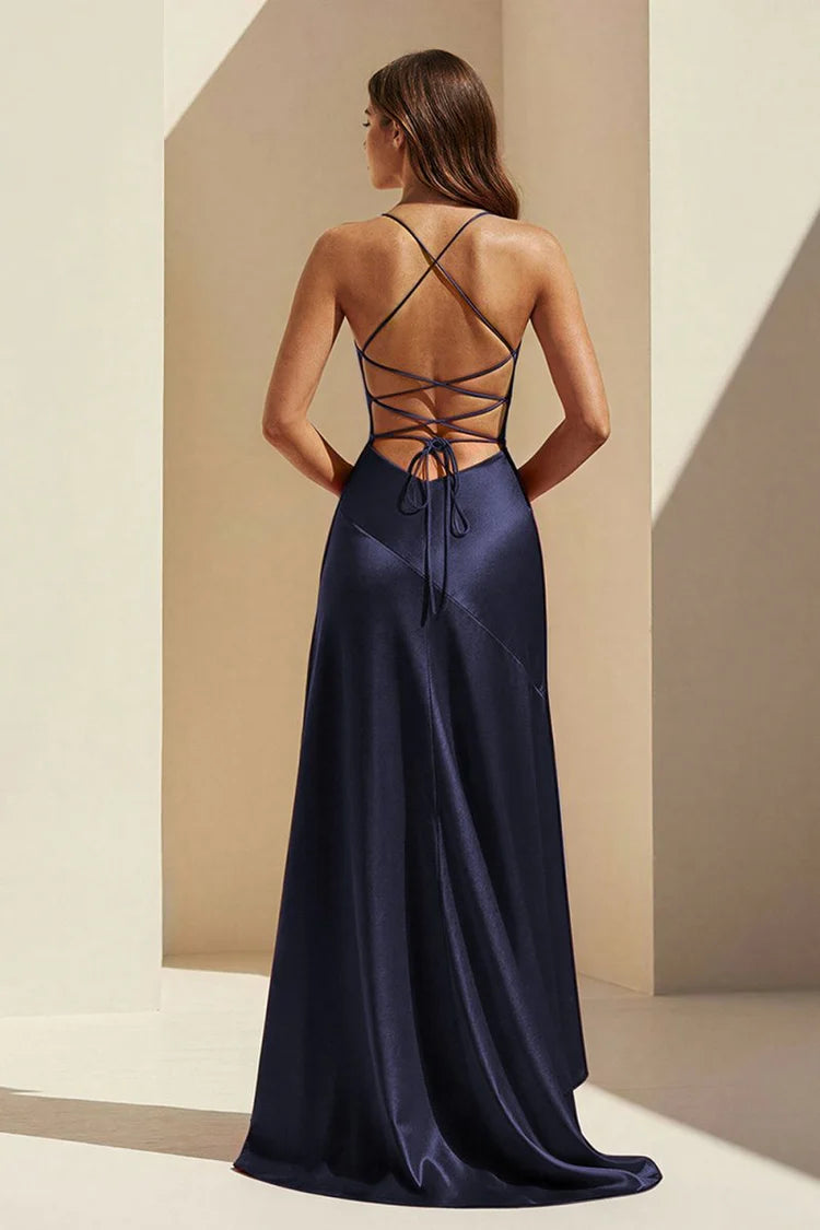Navy Blue Spaghetti Strap Satin Ruffle Slit Evening Dresses