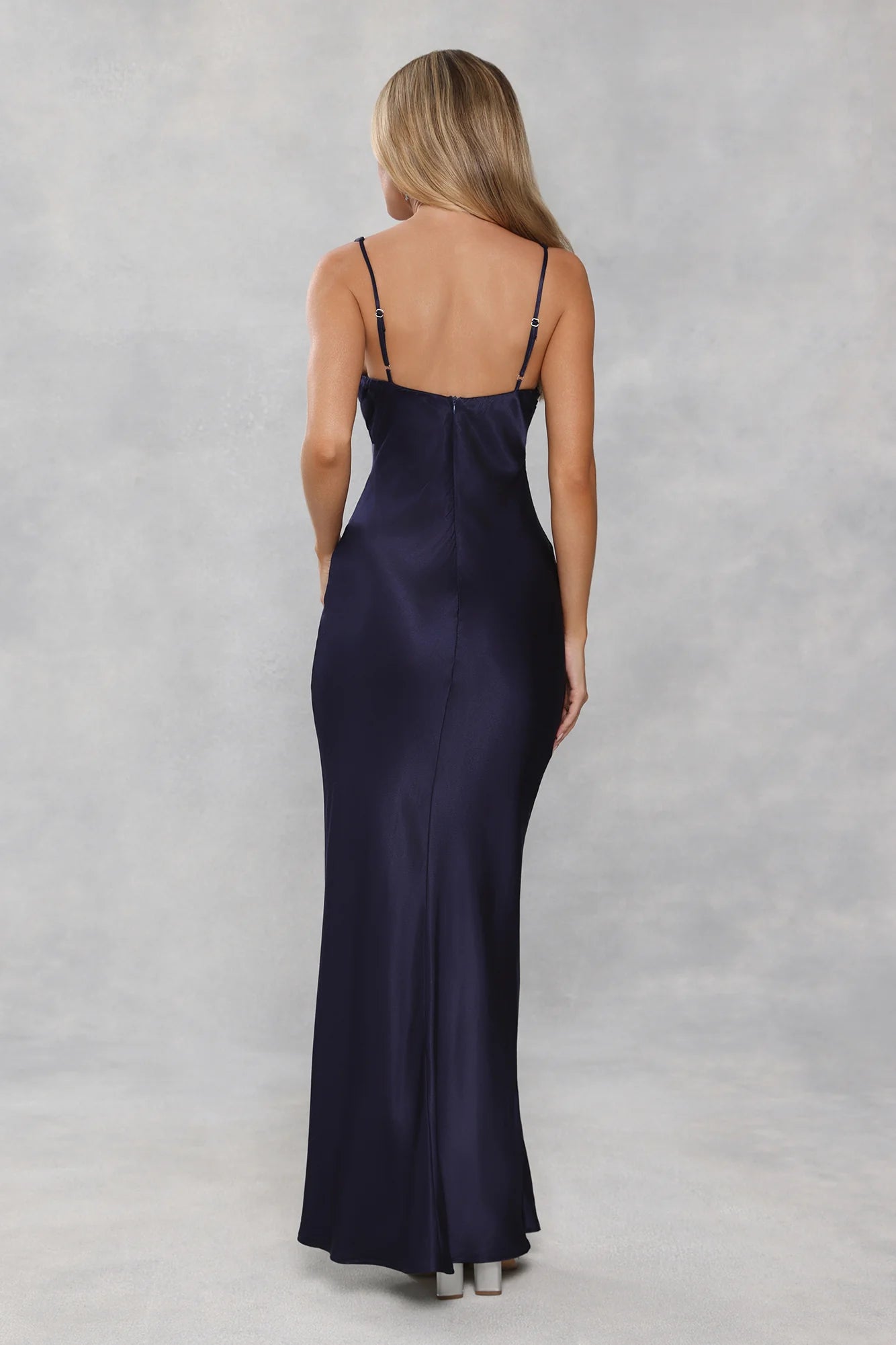 Navy Blue Spaghetti Strap Satin V-Neck Evening Dresses