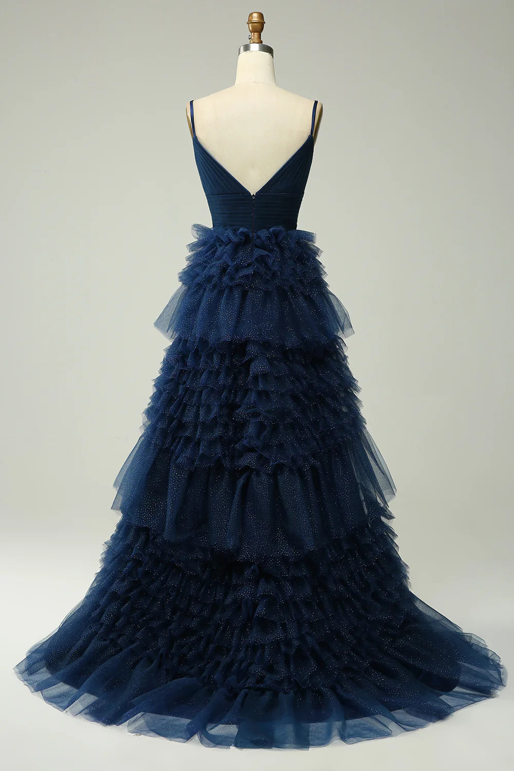 Navy Blue Spaghetti Strap V-Neck Tiered Ruffle Tulle Evening Dresses