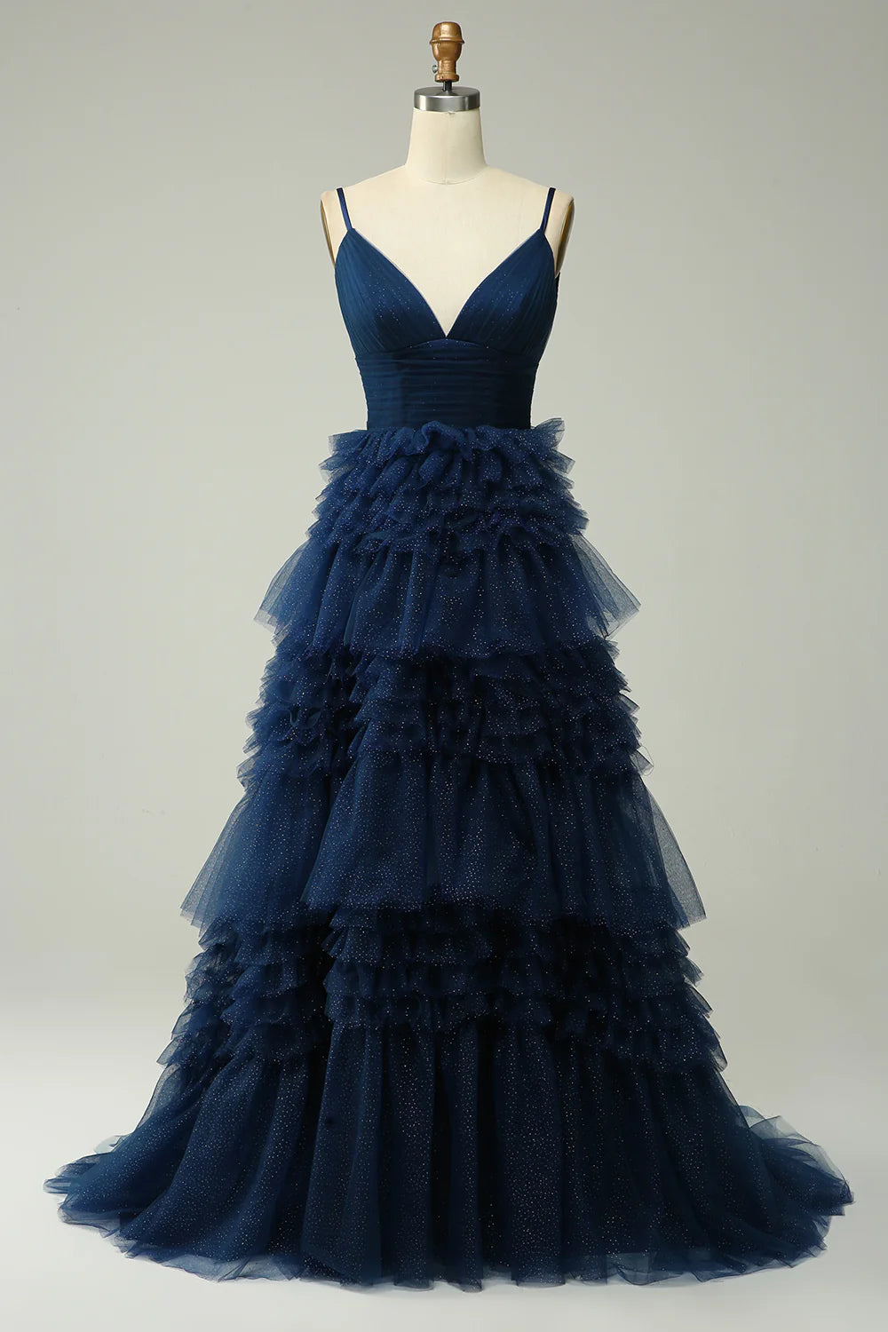 Navy Blue Spaghetti Strap V-Neck Tiered Ruffle Tulle Evening Dresses
