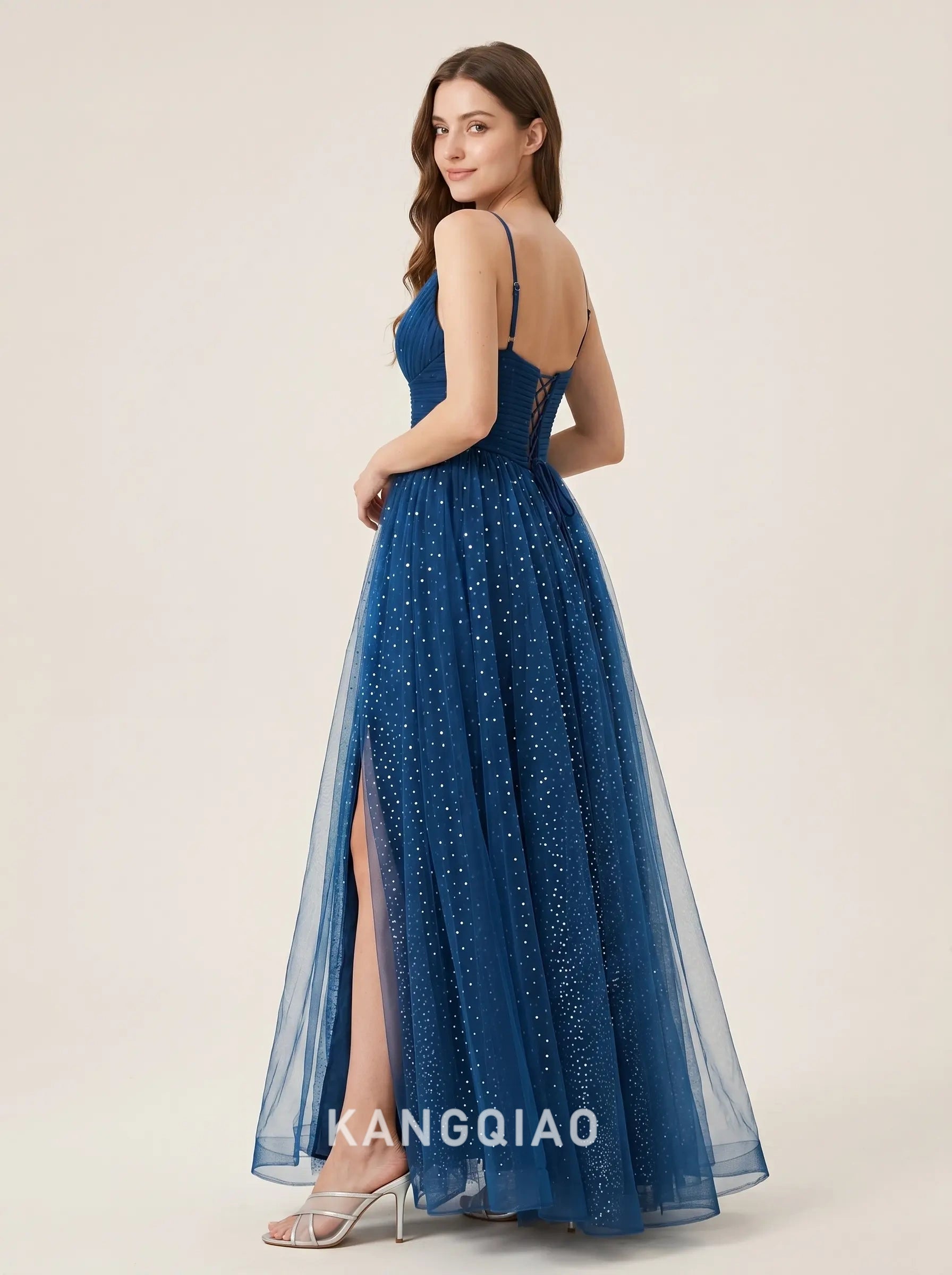 Navy Blue Spaghetti Strap V Neck Ruched Bodice Starry Sequin Tulle Lace Up A Line High Slit Floor Length Formal Evening Prom Dress