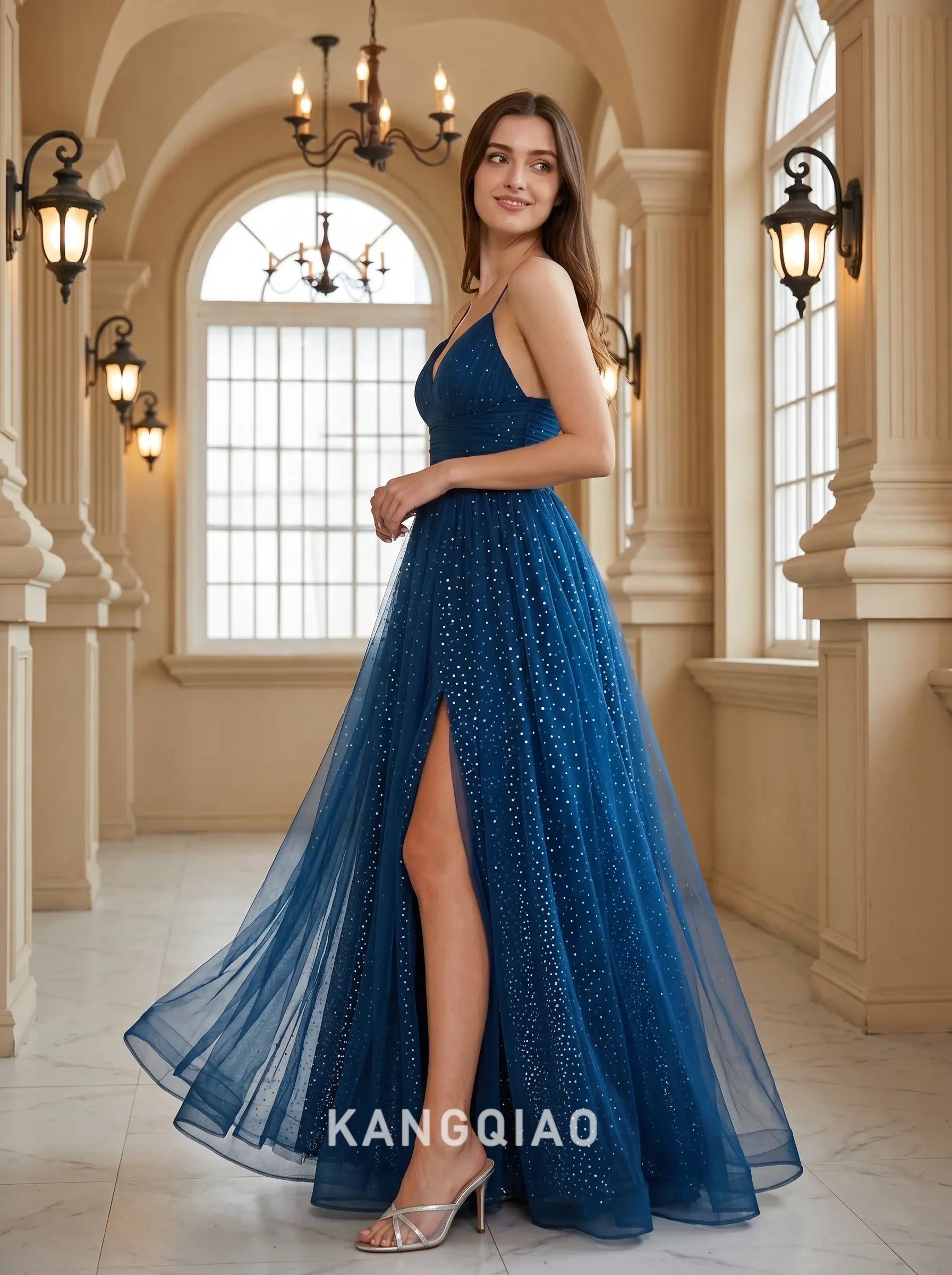 Navy Blue Spaghetti Strap V Neck Ruched Bodice Starry Sequin Tulle Lace Up A Line High Slit Floor Length Formal Evening Prom Dress