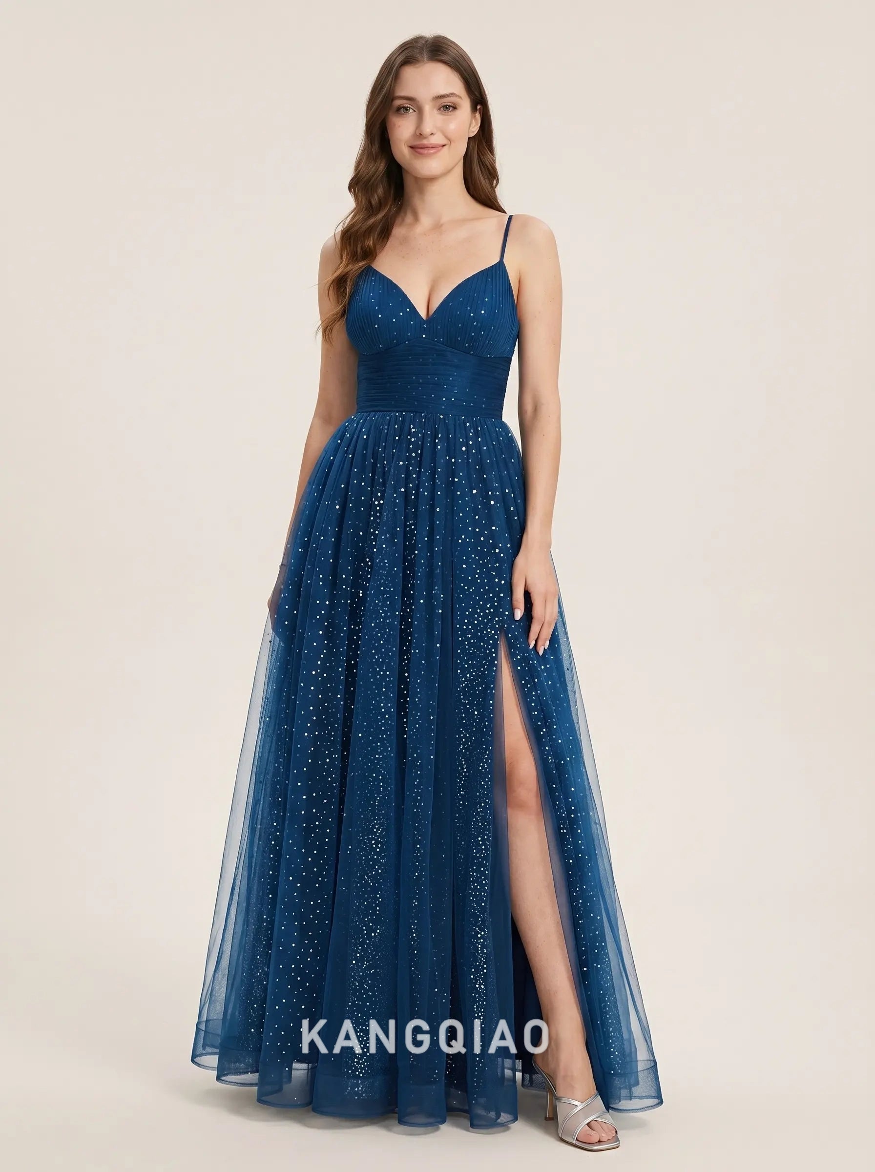 Navy Blue Spaghetti Strap V Neck Ruched Bodice Starry Sequin Tulle Lace Up A Line High Slit Floor Length Formal Evening Prom Dress
