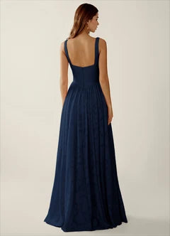 Navy Blue Square Neck Beaded Trim Pocketed High Slit Maxi Evening Dresses