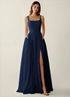 Navy Blue Square Neck Beaded Trim Pocketed High Slit Maxi Evening Dresses