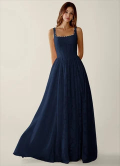 Navy Blue Square Neck Beaded Trim Pocketed High Slit Maxi Evening Dresses