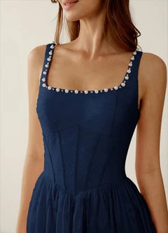 Navy Blue Square Neck Beaded Trim Pocketed High Slit Maxi Evening Dresses