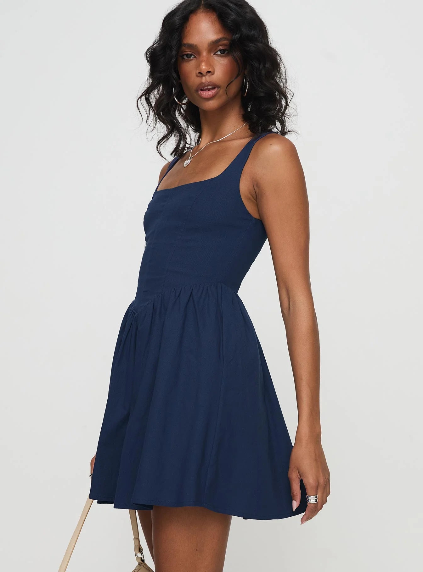 Navy Blue Square Neck Sleeveless Smocked Back A-Line Flare Evening Dresses