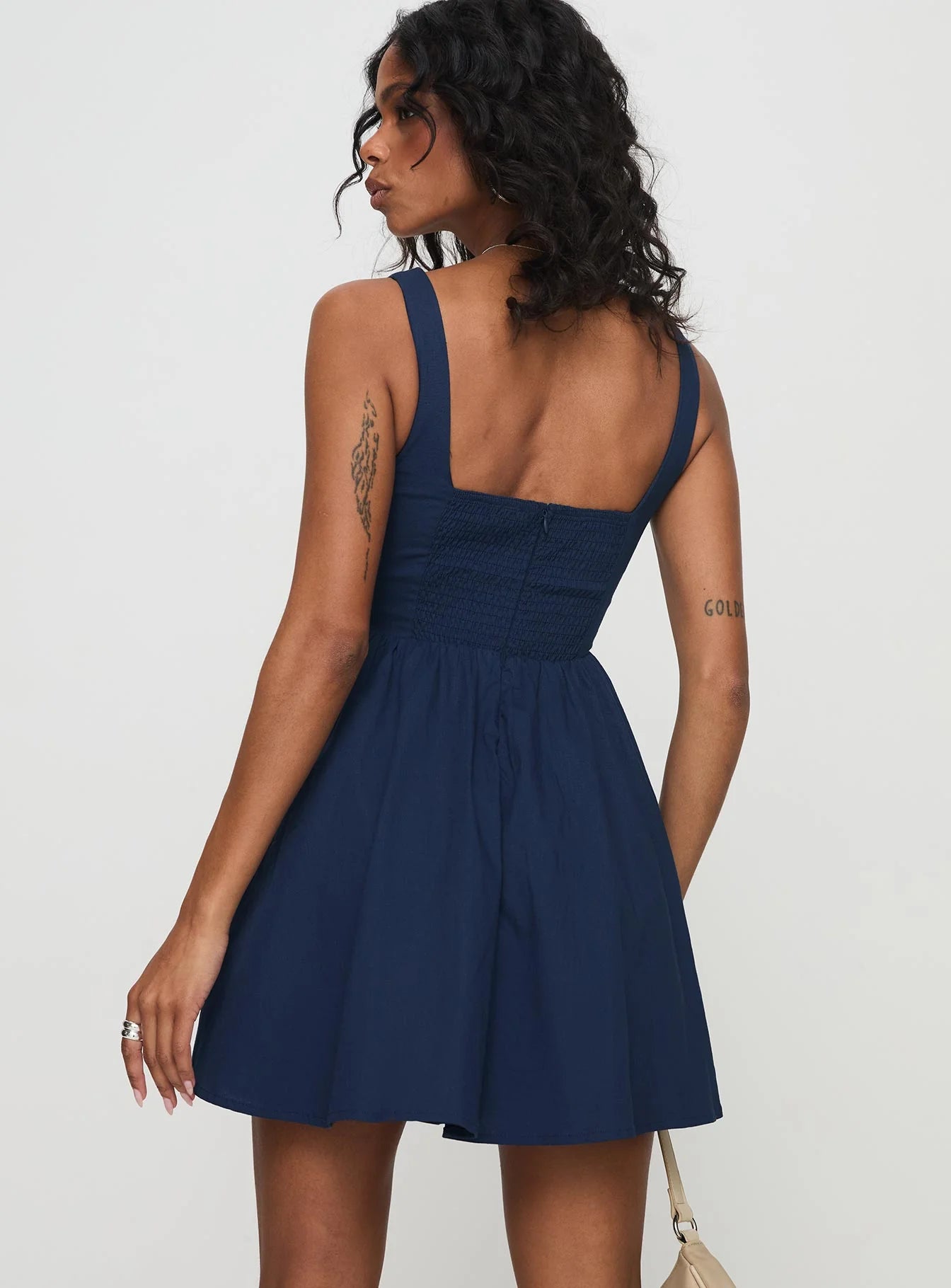 Navy Blue Square Neck Sleeveless Smocked Back A-Line Flare Evening Dresses