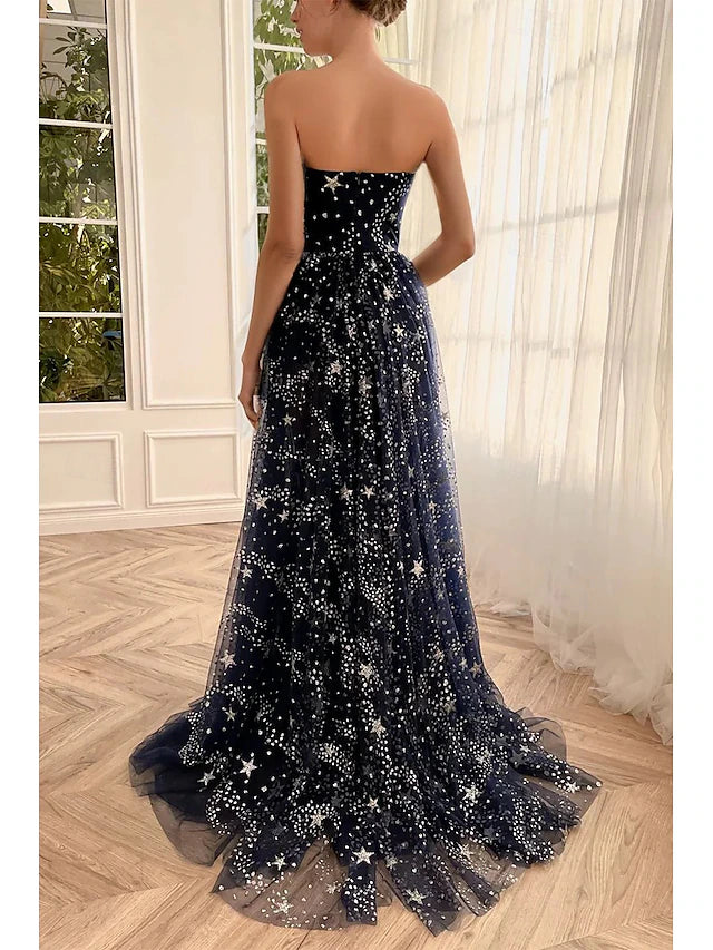 Navy Blue Starry Print Strapless Maxi Evening Dresses with High Slit & Train