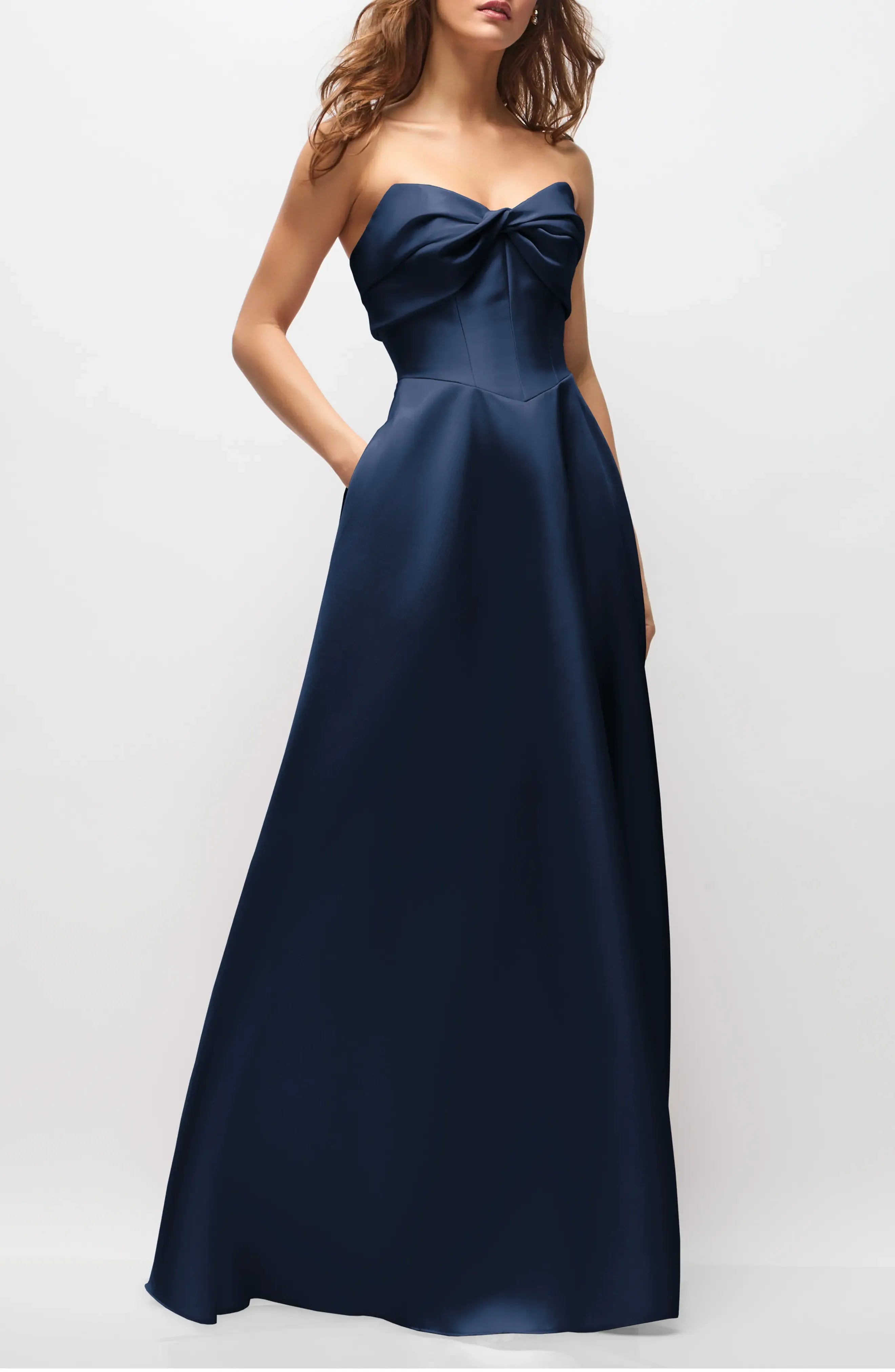 Navy Blue Strapless Bow Satin A-Line Evening Dress