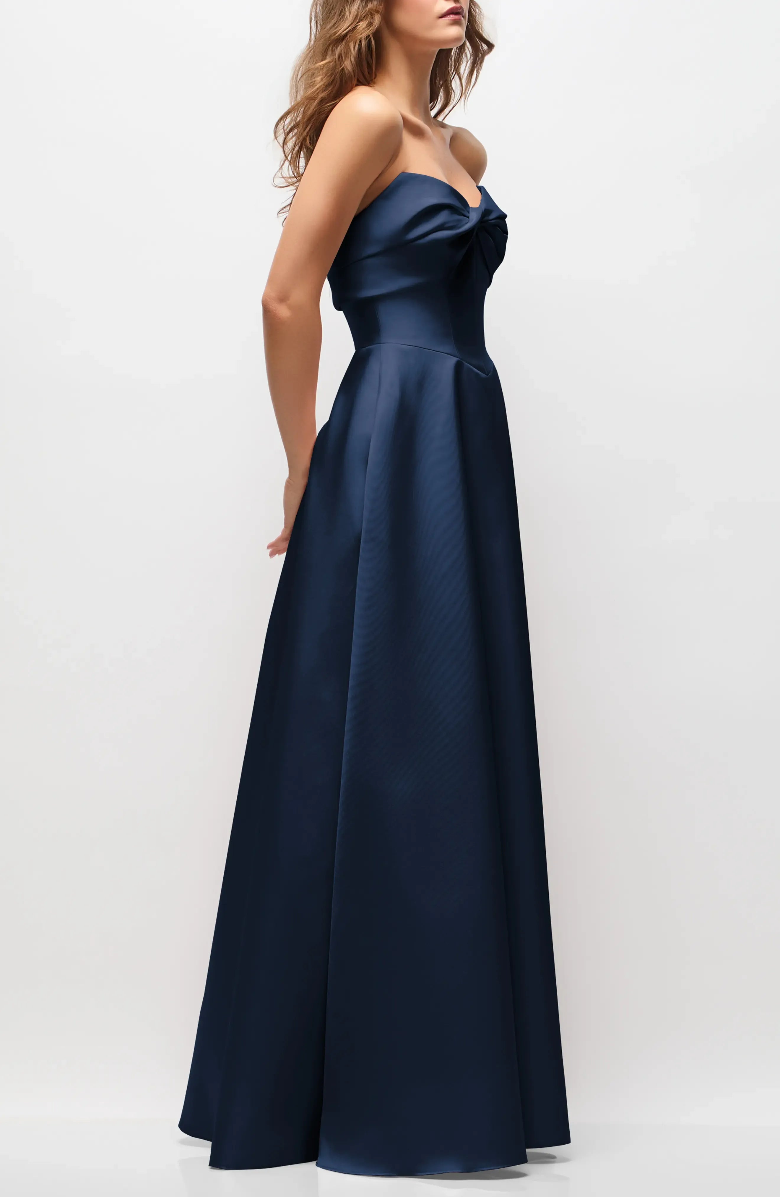 Navy Blue Strapless Bow Satin A-Line Evening Dress
