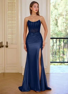 Navy Blue Strapless Corset High Slit Mermaid Evening Dresses