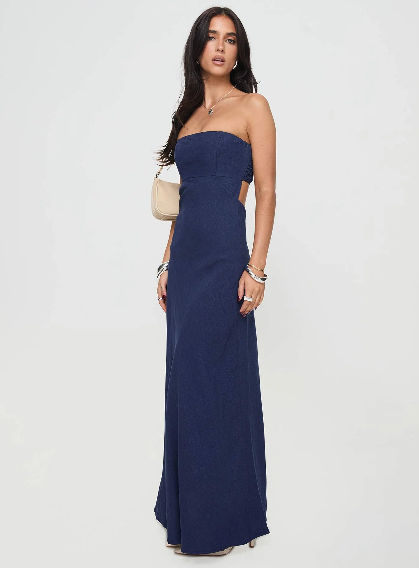 Navy Blue Strapless Cutout A-Line Maxi Evening Dresses