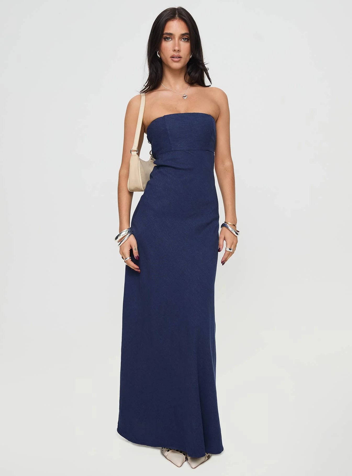 Navy Blue Strapless Cutout A-Line Maxi Evening Dresses