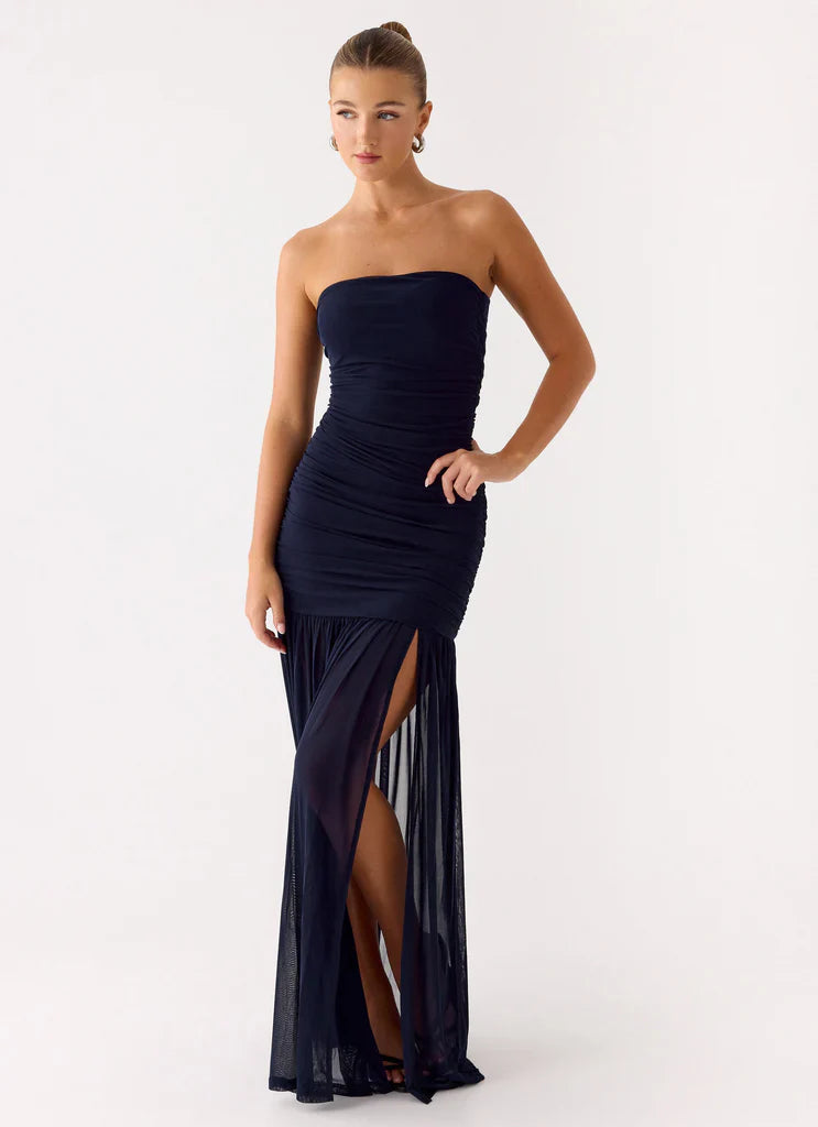 Navy Blue Strapless Ruched Mesh High Slit Maxi Prom Dress