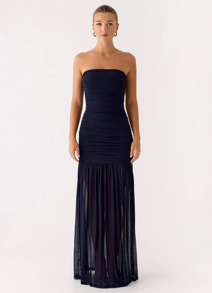 Navy Blue Strapless Ruched Mesh High Slit Maxi Prom Dress
