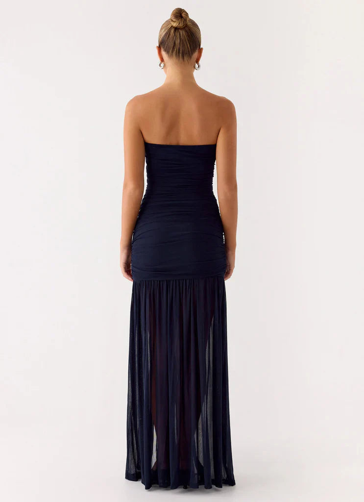 Navy Blue Strapless Ruched Mesh High Slit Maxi Prom Dress