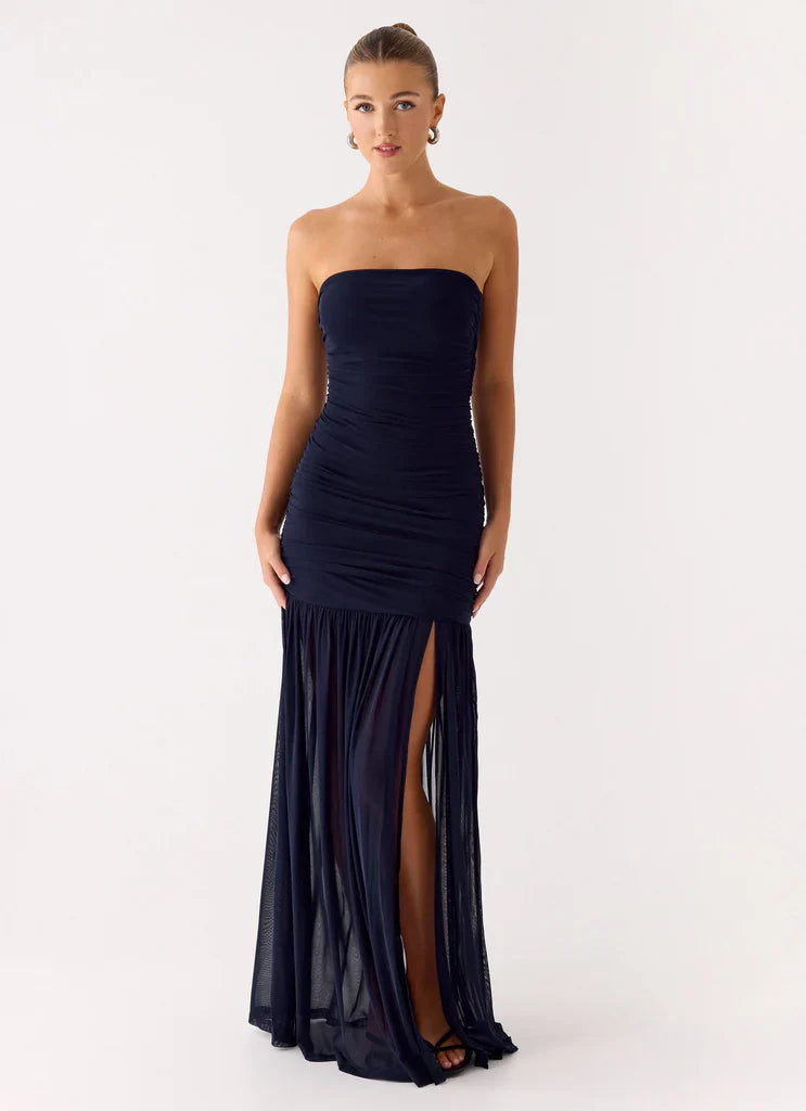Navy Blue Strapless Ruched Mesh High Slit Maxi Prom Dress