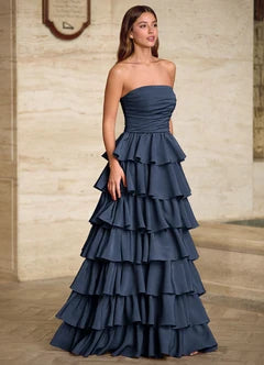 Navy Blue Strapless Ruffle Tiered Slit Maxi Evening Dresses