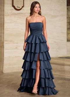 Navy Blue Strapless Ruffle Tiered Slit Maxi Evening Dresses