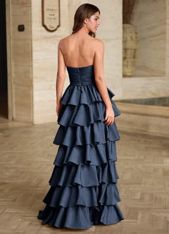 Navy Blue Strapless Ruffle Tiered Slit Maxi Evening Dresses