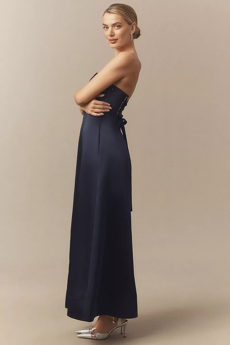 Navy Blue Strapless Satin Lace Up Back Pocket Maxi Evening Dresses