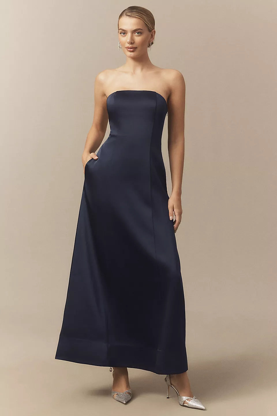 Navy Blue Strapless Satin Lace Up Back Pocket Maxi Evening Dresses