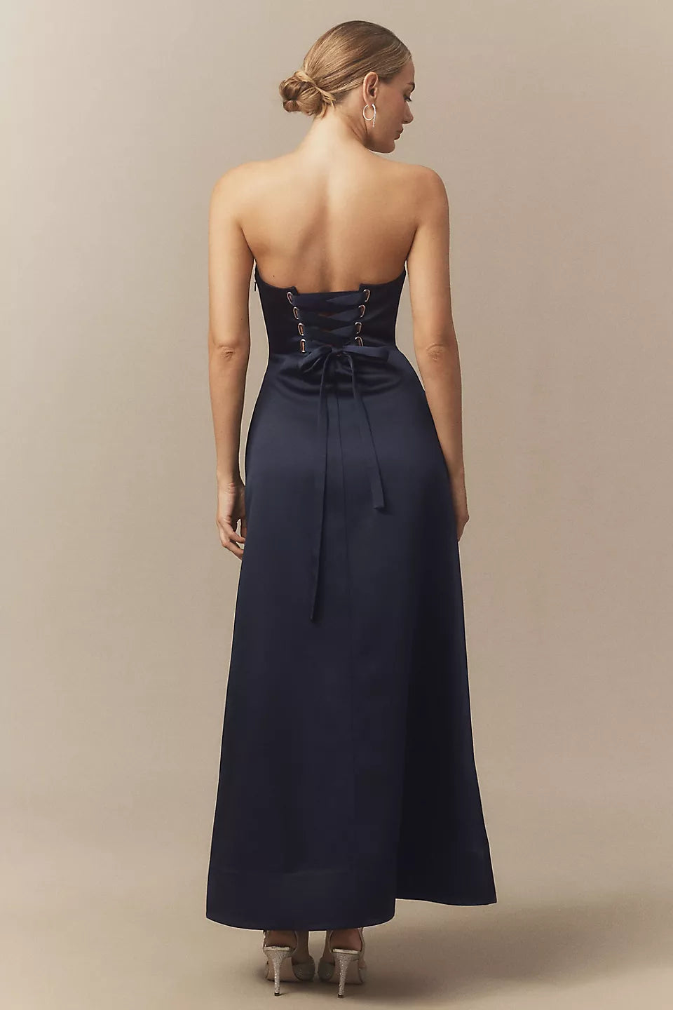 Navy Blue Strapless Satin Lace Up Back Pocket Maxi Evening Dresses