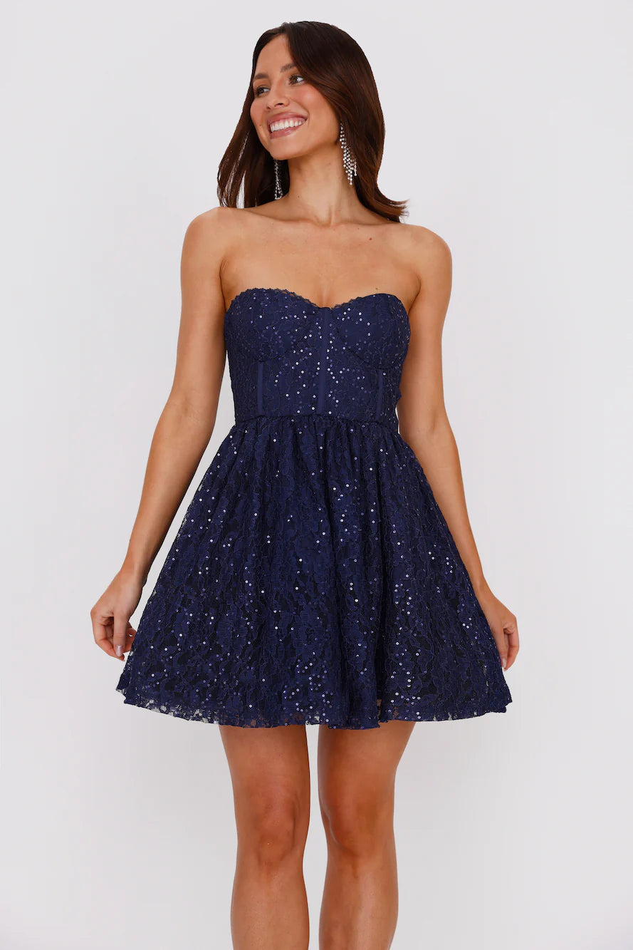 Navy Blue Strapless Sequin Lace Corset Homecoming Dresses