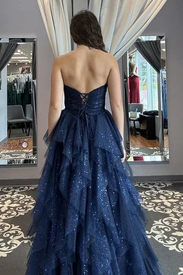 Navy Blue Strapless Sequin Tiered Tulle Ball Gown Prom Dress