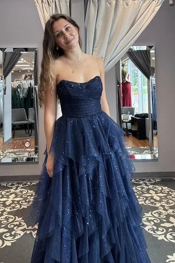 Navy Blue Strapless Sequin Tiered Tulle Ball Gown Prom Dress