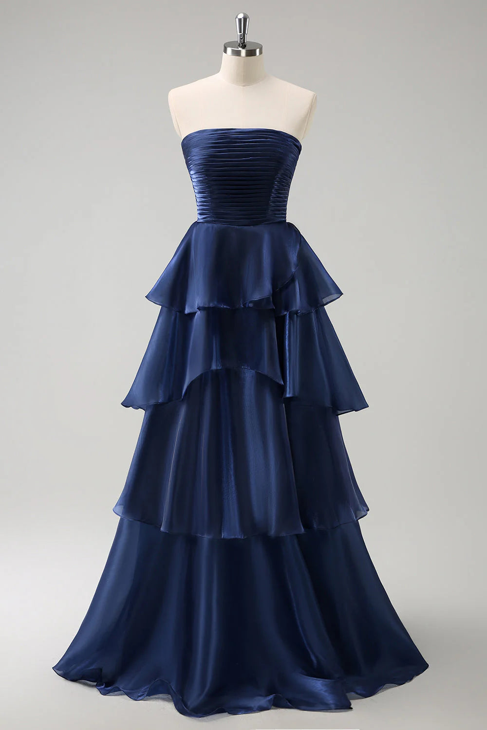 Navy Blue Strapless Tiered Evening Dresses