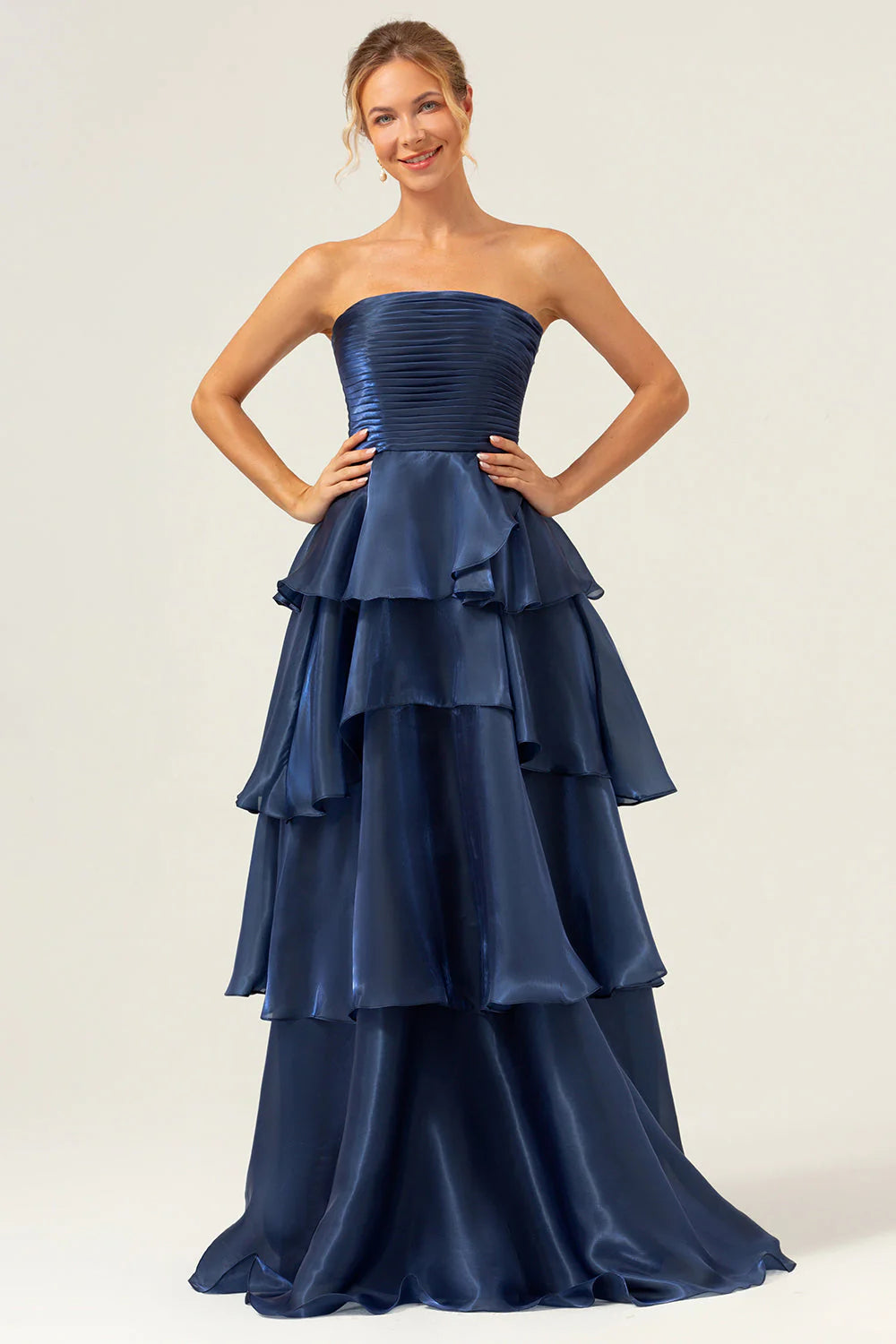 Navy Blue Strapless Tiered Evening Dresses