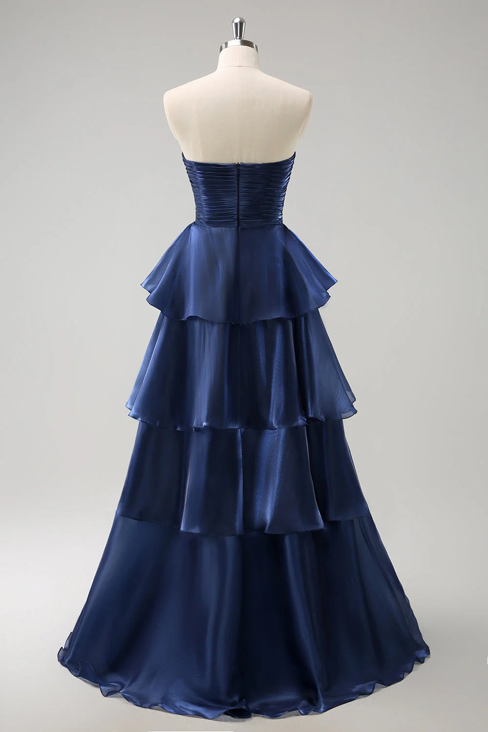Navy Blue Strapless Tiered Evening Dresses
