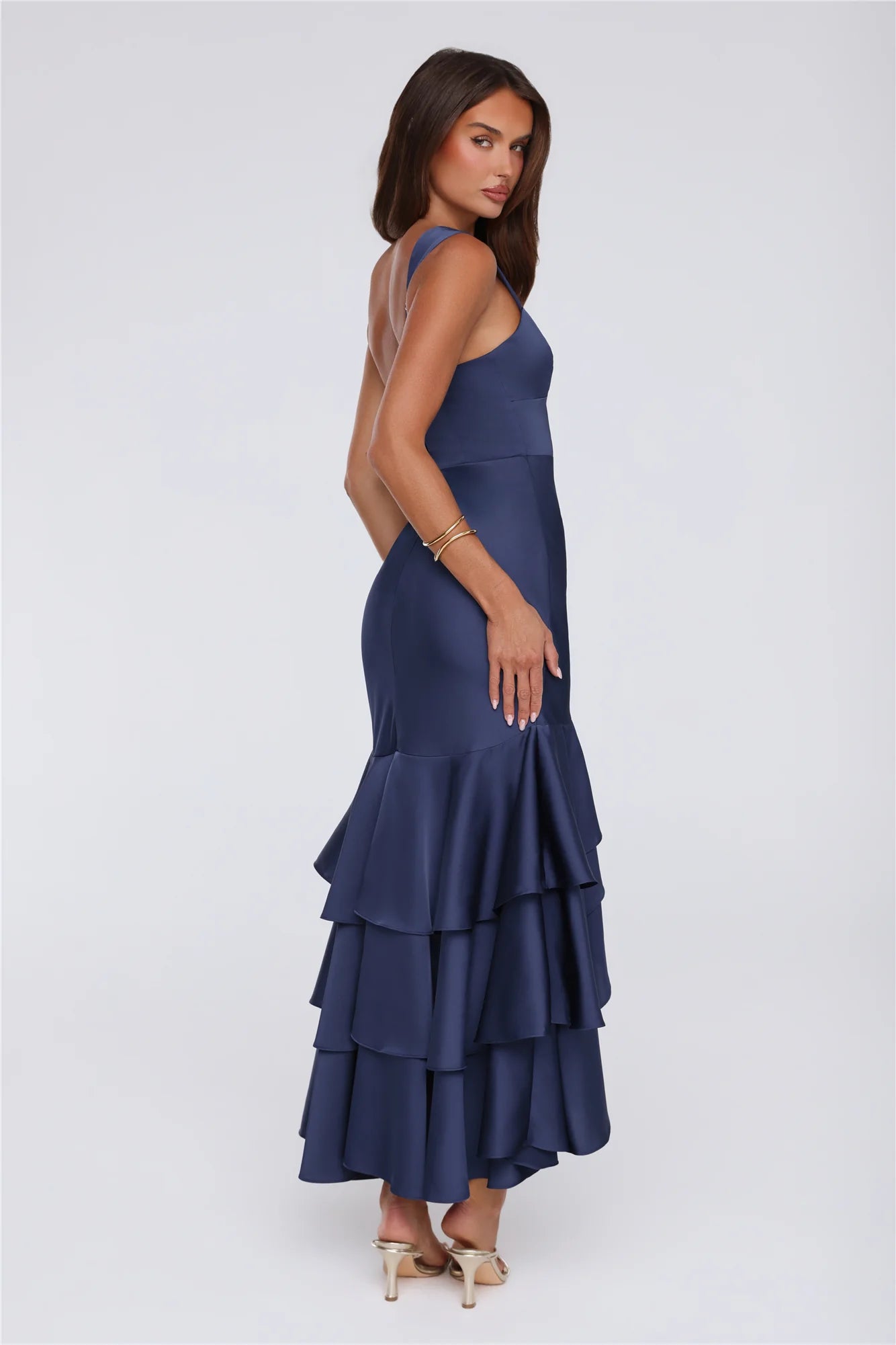 Navy Blue Sweetheart Neck Tiered Ruffle Mermaid Maxi Dresses