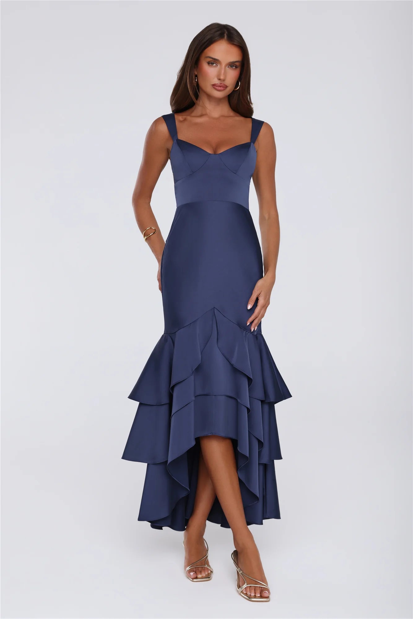 Navy Blue Sweetheart Neck Tiered Ruffle Mermaid Maxi Dresses