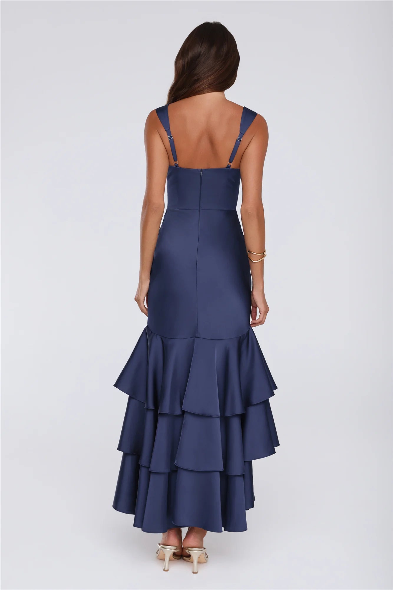 Navy Blue Sweetheart Neck Tiered Ruffle Mermaid Maxi Dresses