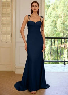 Navy Blue Tie Strap Sweetheart Mermaid Evening Dresses